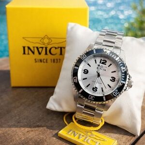 Invicta Silver Watch with Black Bezel and White Dial